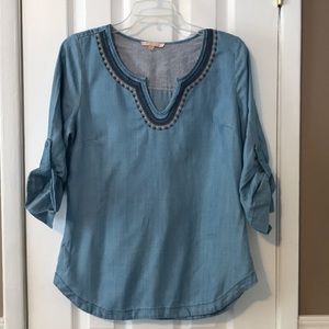 Skies are blue denim blouse w colored collar